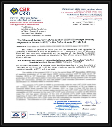 Conformity of Production Certificates (COP) by Central Road Research Institute (CRRI)